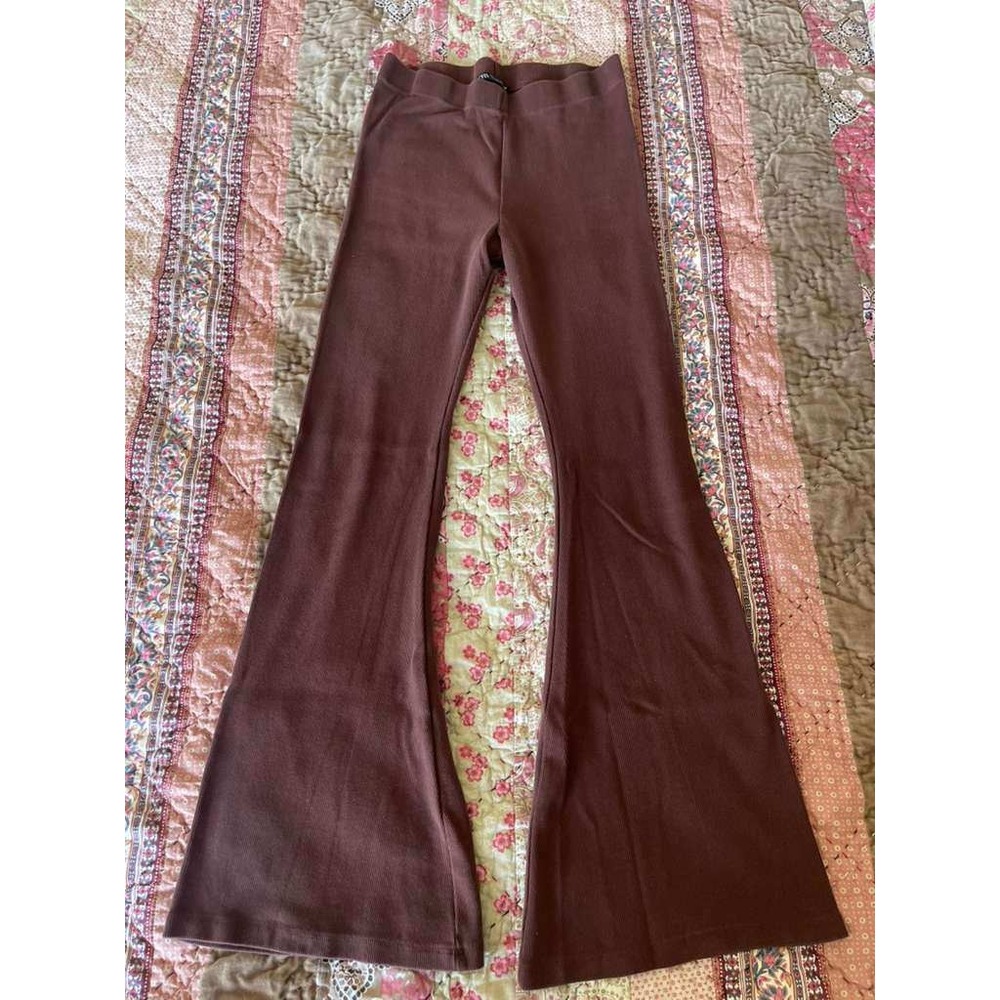 Zara Womens Brown Ribbed Knit High Waisted Flare Leg Pants Large Bell Bottoms